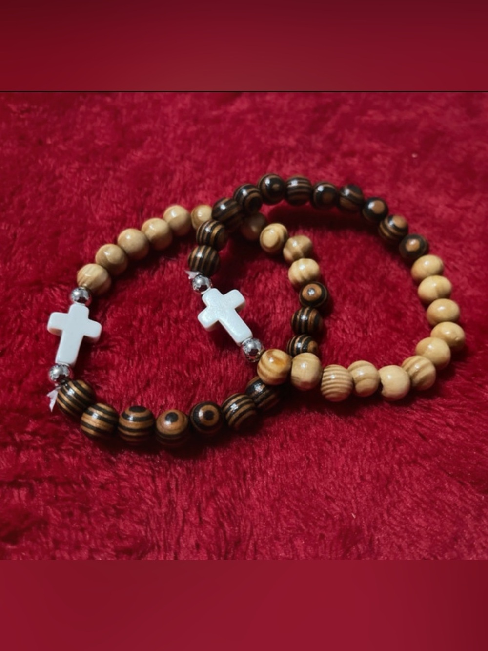 Wood Bead Cross Stretch Bracelet Set - Beige & Brown